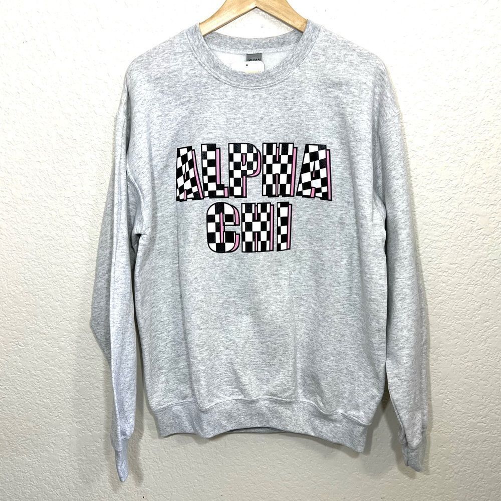 Alpha Chi Sorority Custom Sweatshirt Grey Checkered Spell Out Size M